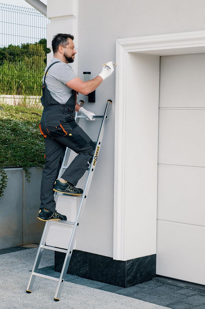 DRABEST PRO Serie Anlegeleiter Aluminium-Stufenleiter - 7 Stufen - mit Leiterhaken - Tragfähigkeit 1