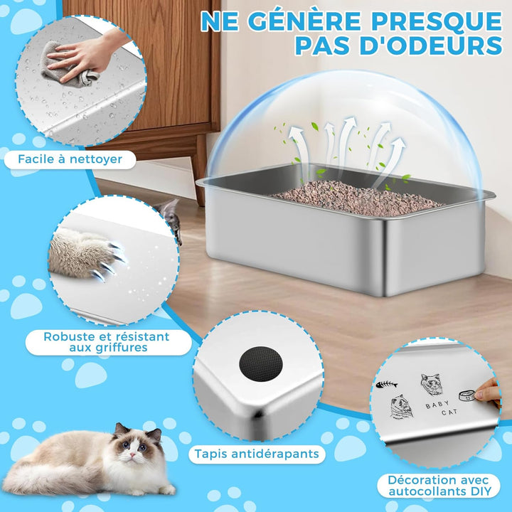 Lohofrnny Edelstahl Katzentoilette, 50×35×10cm Katzenklo Geruchsfrei, Katzentoilette Offen für Kanin