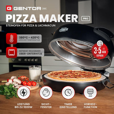 Pizzaofen Pizzamaker Elektrisch mit Pizza-Stein Pro, Leistung 1600 WATT, bis zu 420°C, Steinofen Piz