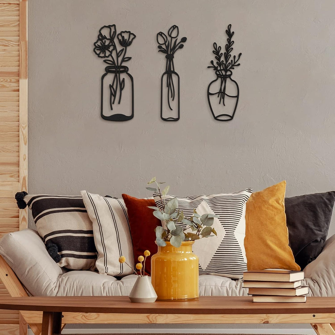 3 Stück Metall Blume Wanddekor Minimalistische Vase Wandkunst Schwarze Tulpe Draht Eisen Dekor Blume