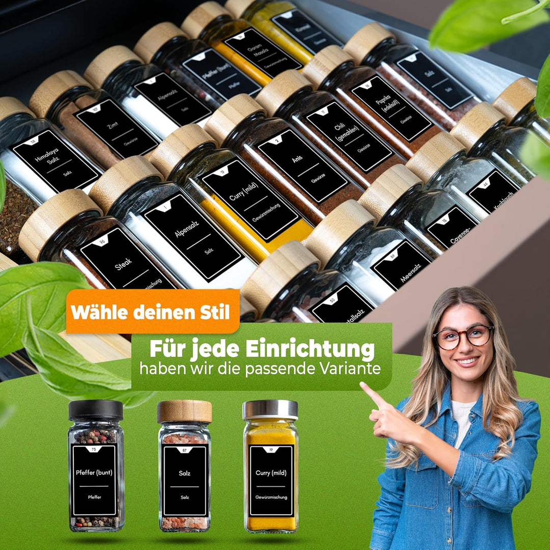 Gewürzgläser eckig [36 x 125ml], Luftdichte Gewürzgläser mit Streueinsatz + 248 wasserfeste Gewürzet