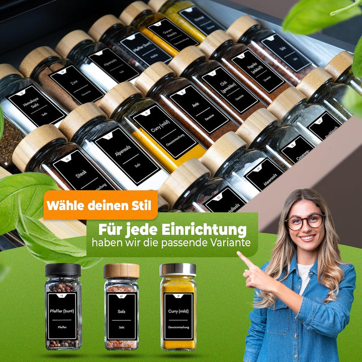 Gewürzgläser eckig [36 x 125ml], Luftdichte Gewürzgläser mit Streueinsatz + 248 wasserfeste Gewürzet