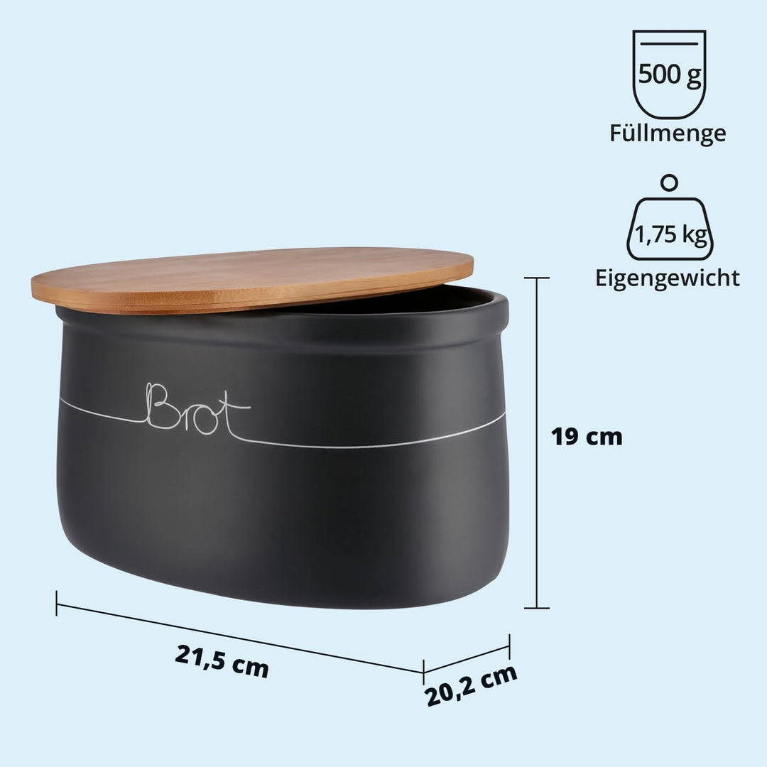 KHG Brotkasten gross Keramik Steingut Grau Anthrazit, Holz-Deckel Bambus als Schneidebrett, Brot Auf