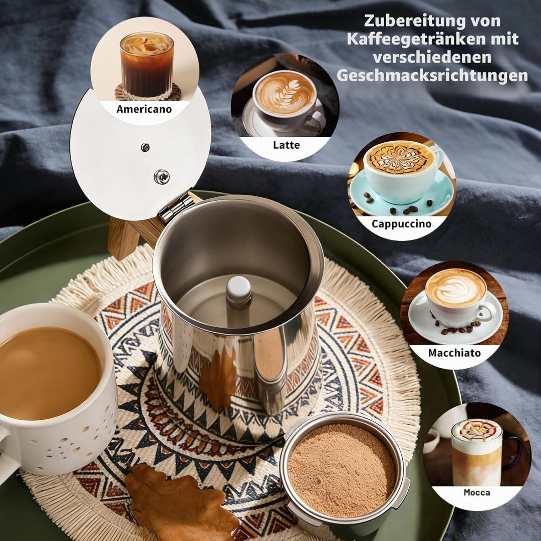 Romon Espressokocher Edelstahl, 6 Tassen 300ml Silber, Mokkakanne Mit Holzgriff, Geeignet Für Glaske