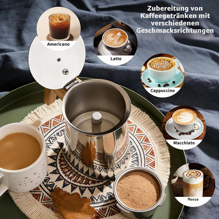 Romon Espressokocher Edelstahl, 6 Tassen 300ml Silber, Mokkakanne Mit Holzgriff, Geeignet Für Glaske