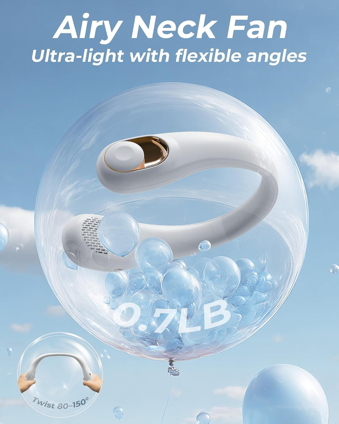 TUNISE Nackenventilator, persönlicher Ventilator mit LED-Display,per USB-C aufladbar, 4000-mAh-Akku,
