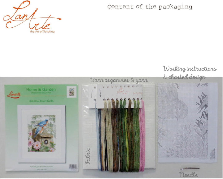 LANARTE PN Zählmusterpackung Blaue Vögel Aida Kreuzstichpackung, Baumwolle, Mehrfarbig, 29 x 39 x 0.
