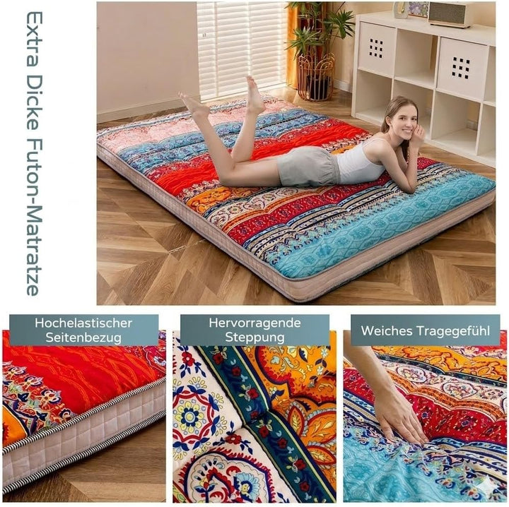 MAXYOYO Böhmische Retro Futon Matratze - Vintage Blumenmuster japanische Bodenmatratze - rollbar ver