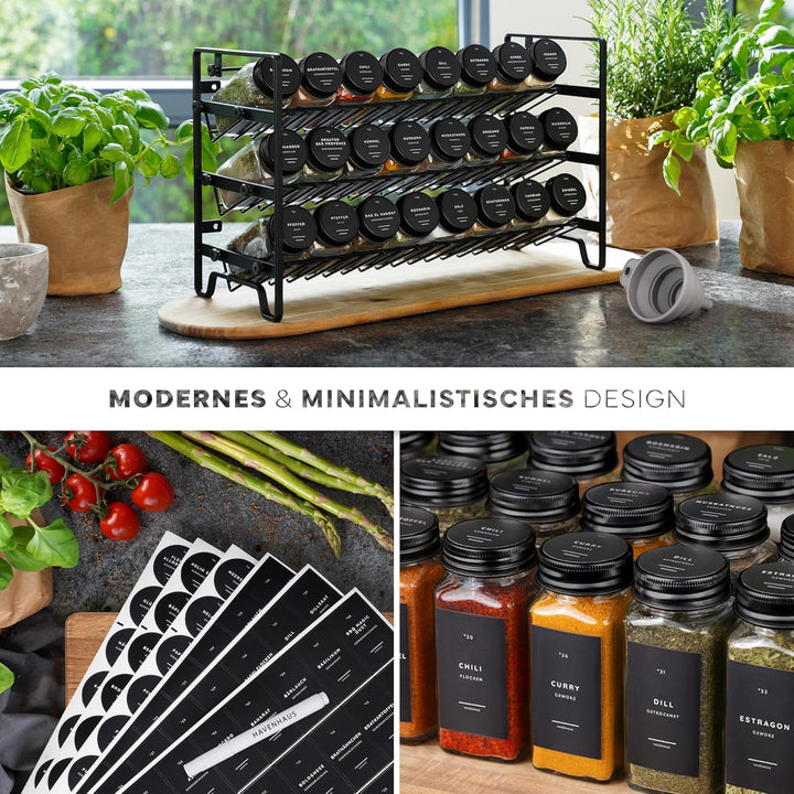 Havenhaus Gewürzregal Set schwarz | Gewürzregal stehend inkl. 24 Gewürzgläser+336 Gewürzetiketten de