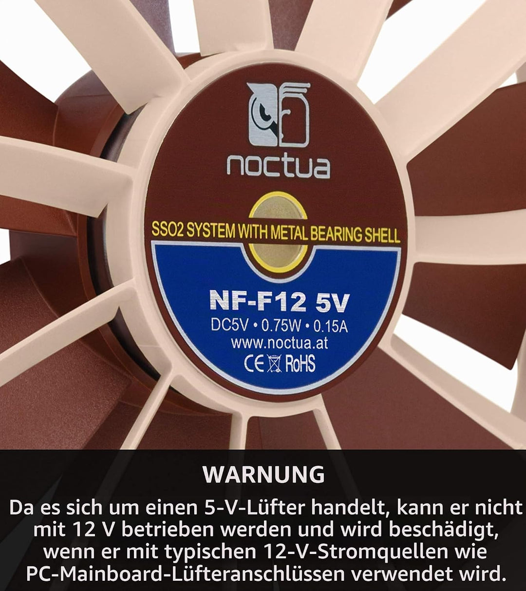 Noctua NF-F12 5V, Leiser Premium-Lüfter mit USB Stromadapterkabel, 3-Pin, 5V Version (120mm, Braun)
