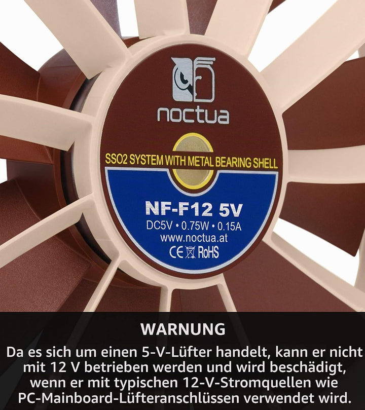 Noctua NF-F12 5V, Leiser Premium-Lüfter mit USB Stromadapterkabel, 3-Pin, 5V Version (120mm, Braun)