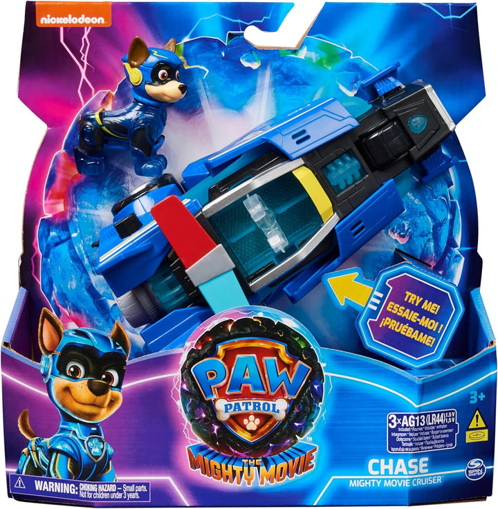PAW PATROL: Der Mighty Kinofilm, Superhelden-Fahrzeug Spielzeugauto von Chase mit Welpenfigur, Poliz