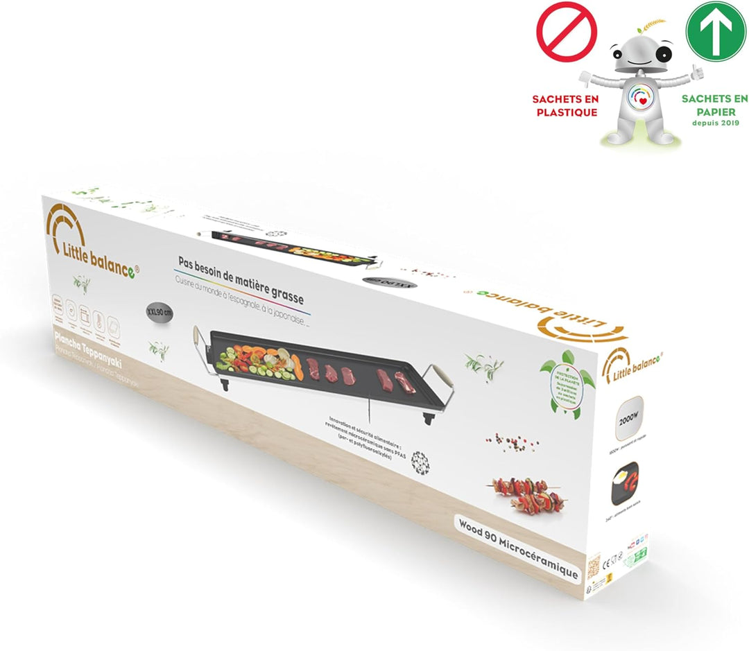 LITTLE BALANCE 8742 Wood 90 Grillplatte mit Holzgriffen, 2000 W, 90 cm 90 x 23 cm Schwarz, 90 x 23 c