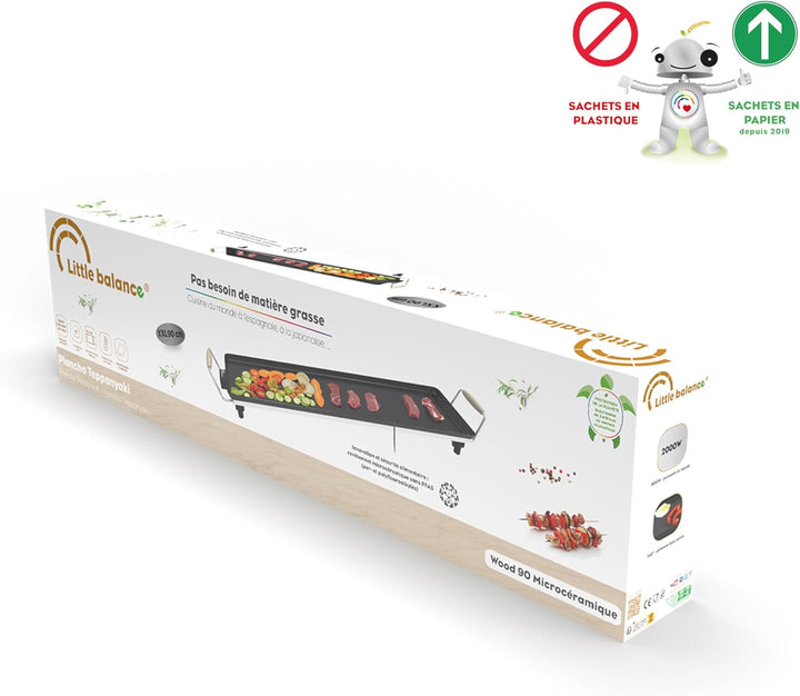 LITTLE BALANCE 8742 Wood 90 Grillplatte mit Holzgriffen, 2000 W, 90 cm 90 x 23 cm Schwarz, 90 x 23 c