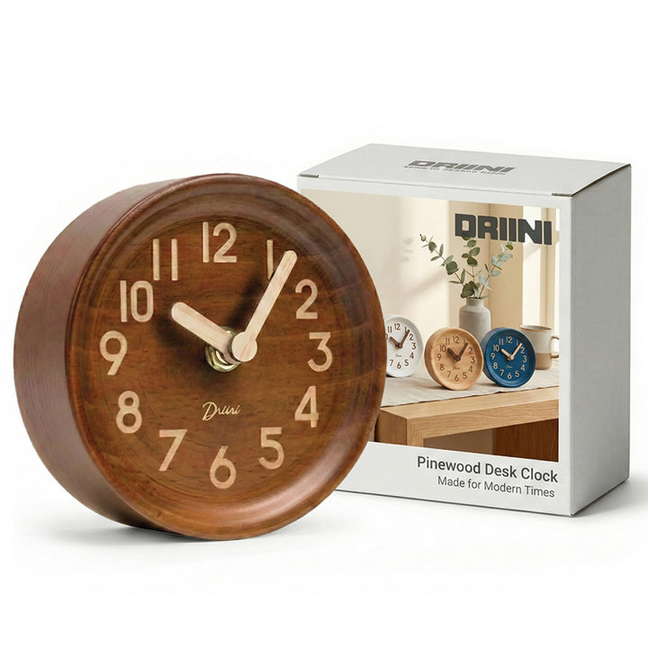 Driini Analoge Tischuhr aus Holz - 10,9 cm Dekorative Kiefernholz-Uhr, kein Tick-Design - leicht zu