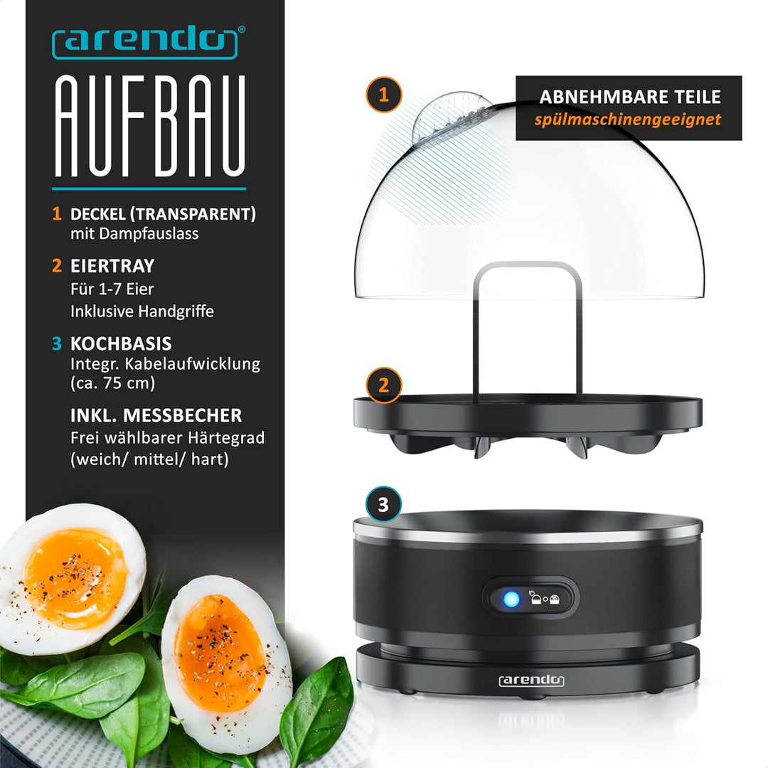 Arendo Sevencook Eierkocher 400 W – Edelstahl Design - 1-7 Eier - Egg Cooker - EIN/AUS-Schalter – 3