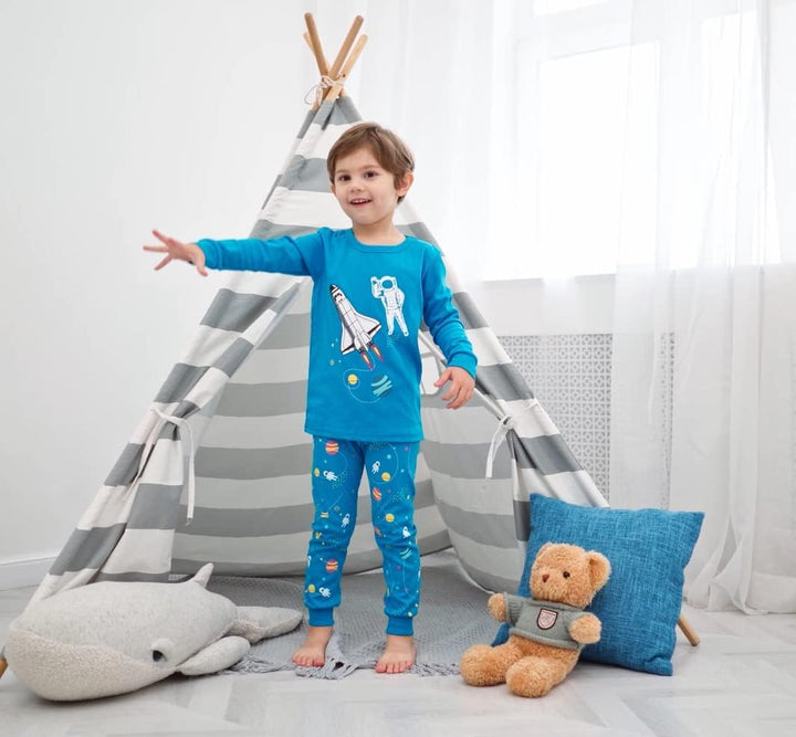 Jungen Pyjama Langarm 4-teilig Kleine Kinder Nachtwäsche Schlafanzug Set 2-14 Jahre, 4 Stück Bl