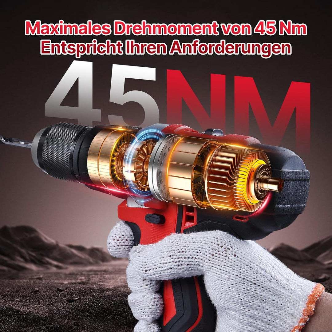 Akku-Bohrschrauber 20 V und2 Akkus 2,0 Ah TEENO, 45 Nm Schlagbohrmaschine,20 + 3 Drehmomentstufen un