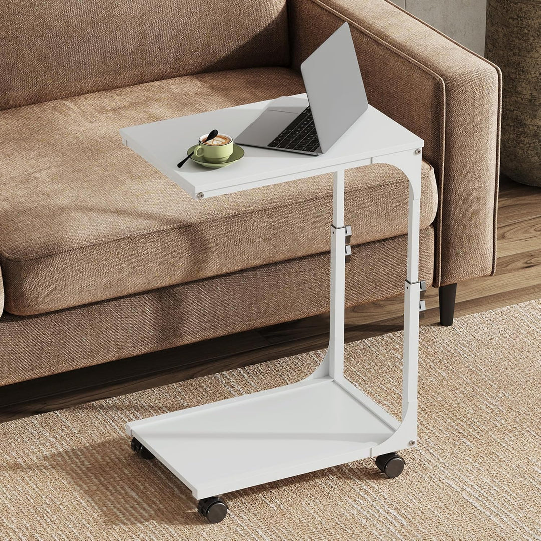 WLIVE Beistelltisch Couch Weiss, C Form Sofatisch mit Rollen, Kleiner Couchtisch mit 2 Etagen Ablage