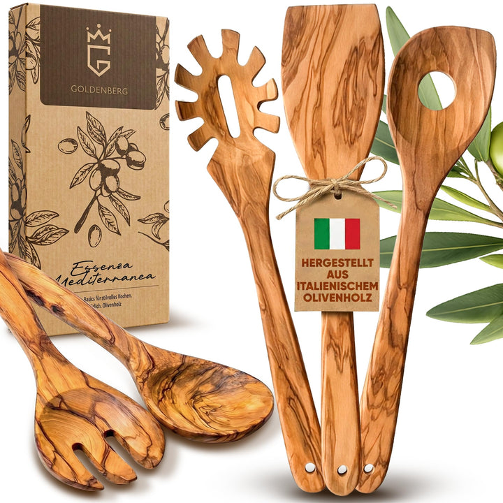 GOLDENBERG® Premium Kochlöffel Set 5-teilig | feinstes italienisches Olivenholz | antibakteriell & l