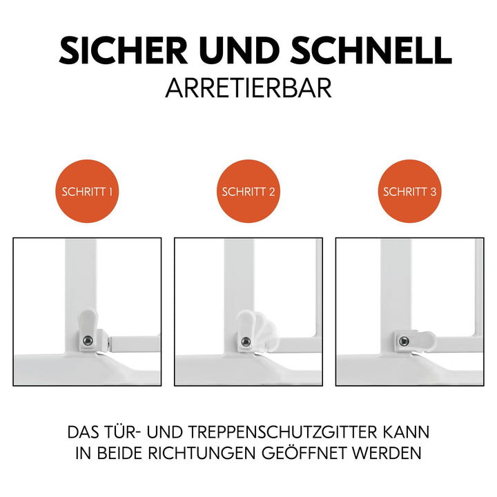 Hauck Treppenschutzgitter Türschutzgitter Clear Step 2 inkl. 9 cm Verlängerung für Breiten 84-89 cm,