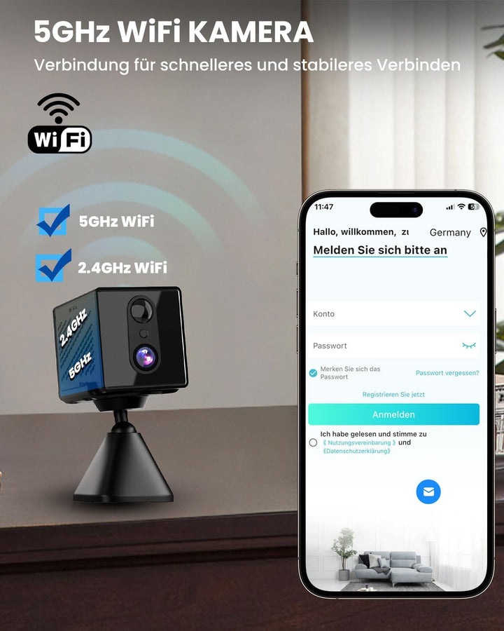 Mini Kamera,5G WiFi Überwachungskamera Innen,Kamera Überwachung Innen,Kostenloser Cloud-Speicher, La