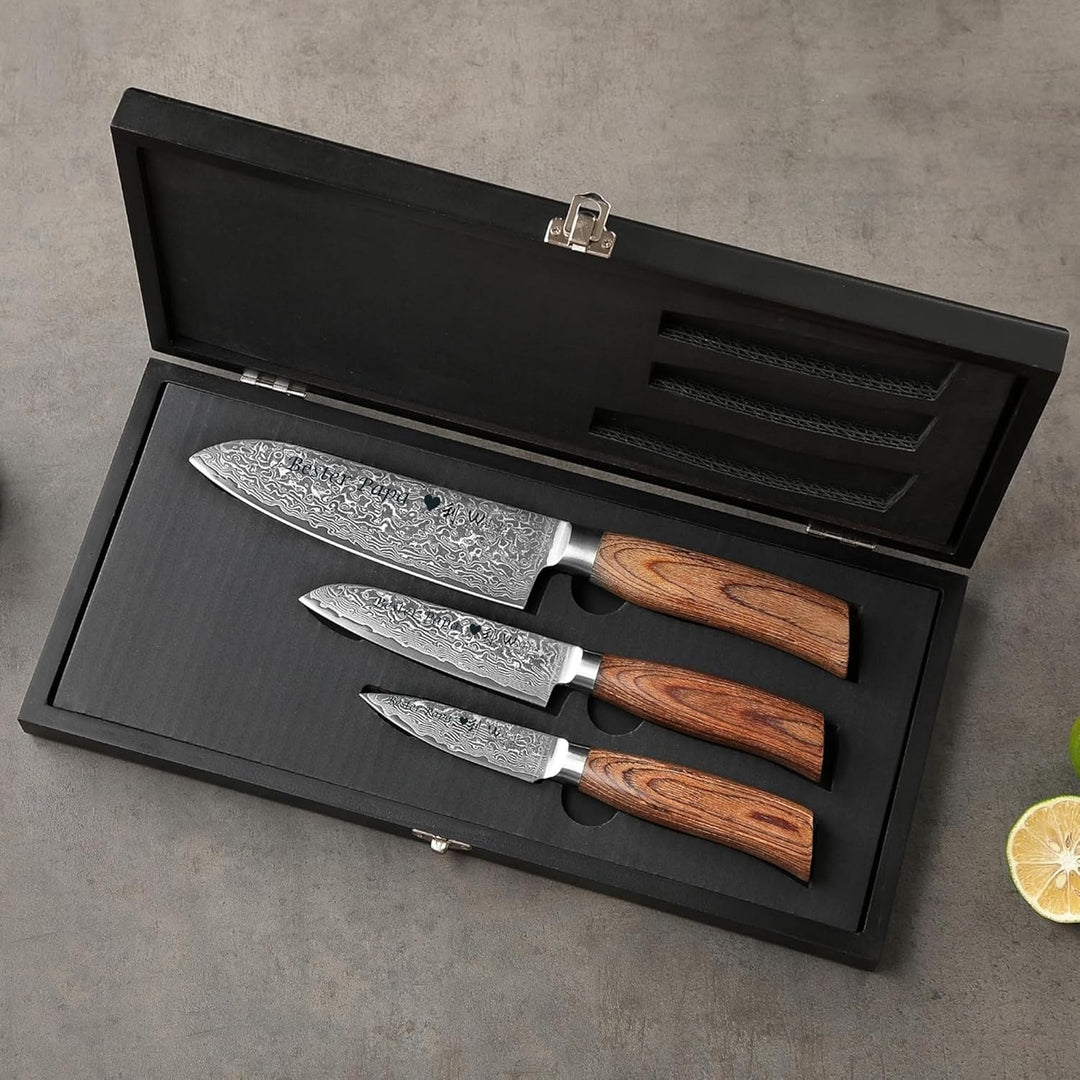 Wakoli EDIB Pro Damastmesser Set mit Gravur – Personalisiertes 3er Messerset, 16cm, 11cm & 8cm Kling