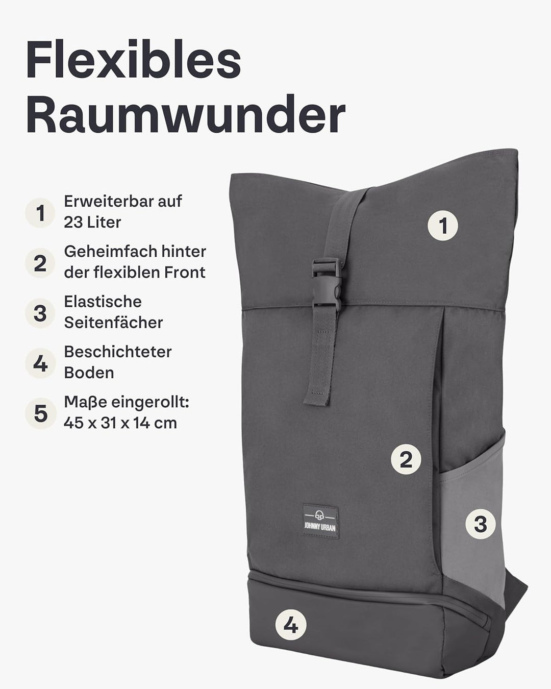 Johnny Urban Rolltop Rucksack Damen &amp; Herren Gross Grau - Allen Large - Laptop Backpack für Uni, Bus