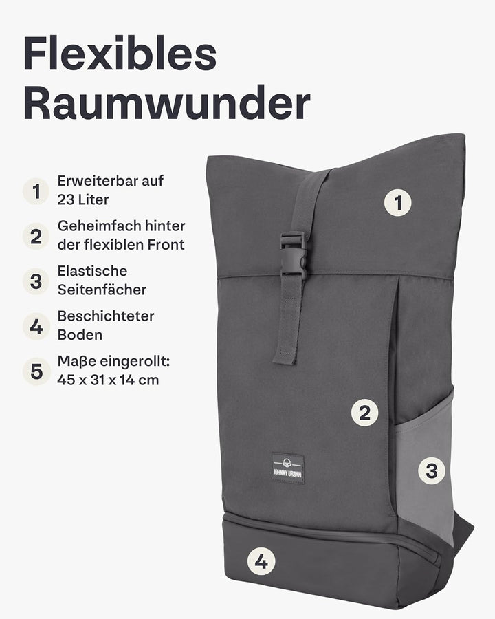 Johnny Urban Rolltop Rucksack Damen &amp; Herren Gross Grau - Allen Large - Laptop Backpack für Uni, Bus