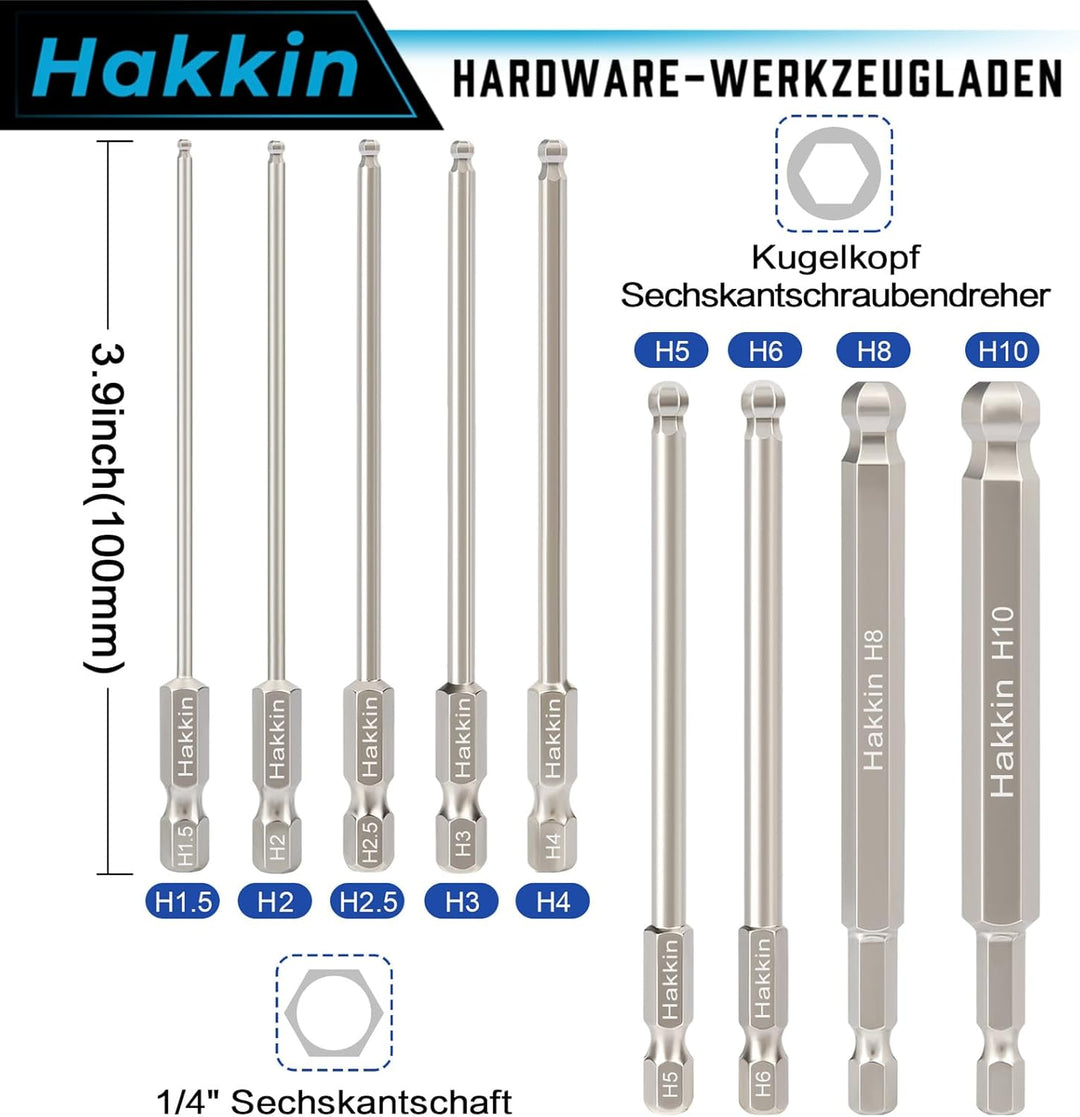 Hakkin 9 Stück 100mm Kugelkopf Schraubendreher 1/4" Sechskantschaft Ball End Hex Bitsätze S2 Legiert