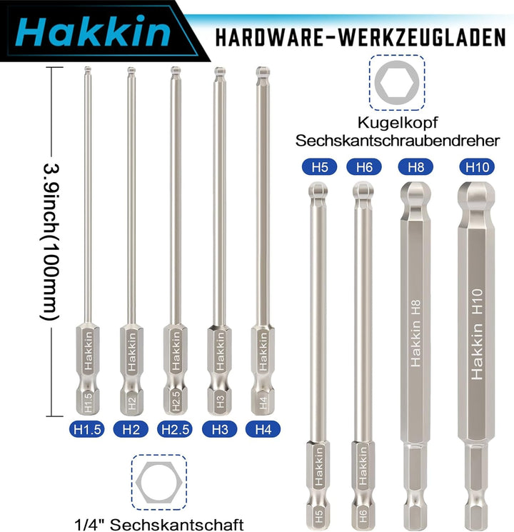 Hakkin 9 Stück 100mm Kugelkopf Schraubendreher 1/4" Sechskantschaft Ball End Hex Bitsätze S2 Legiert