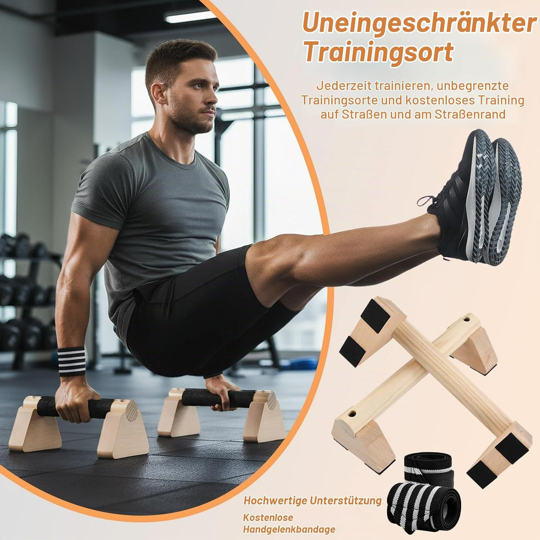 Liegestützgriffe Holz mit Handgelenkbandagen, 2 Stück 25cm Push Up Bars, Gelenkschonende Parallettes