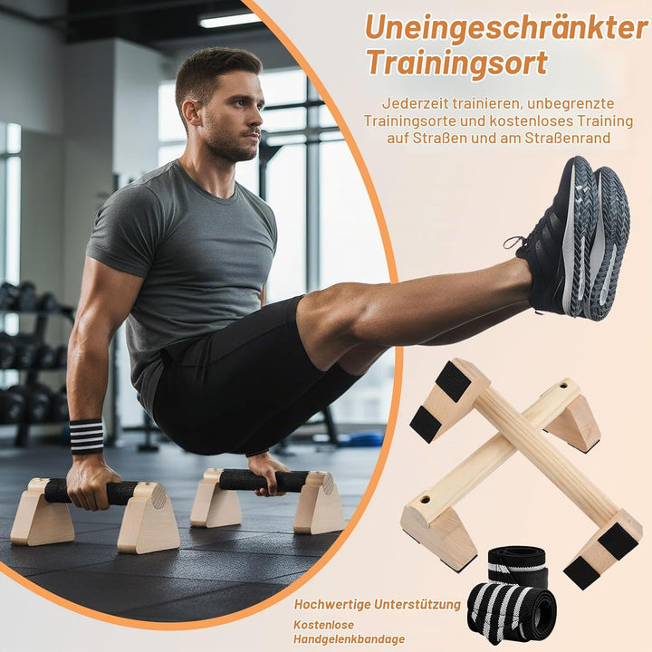 Liegestützgriffe Holz mit Handgelenkbandagen, 2 Stück 25cm Push Up Bars, Gelenkschonende Parallettes