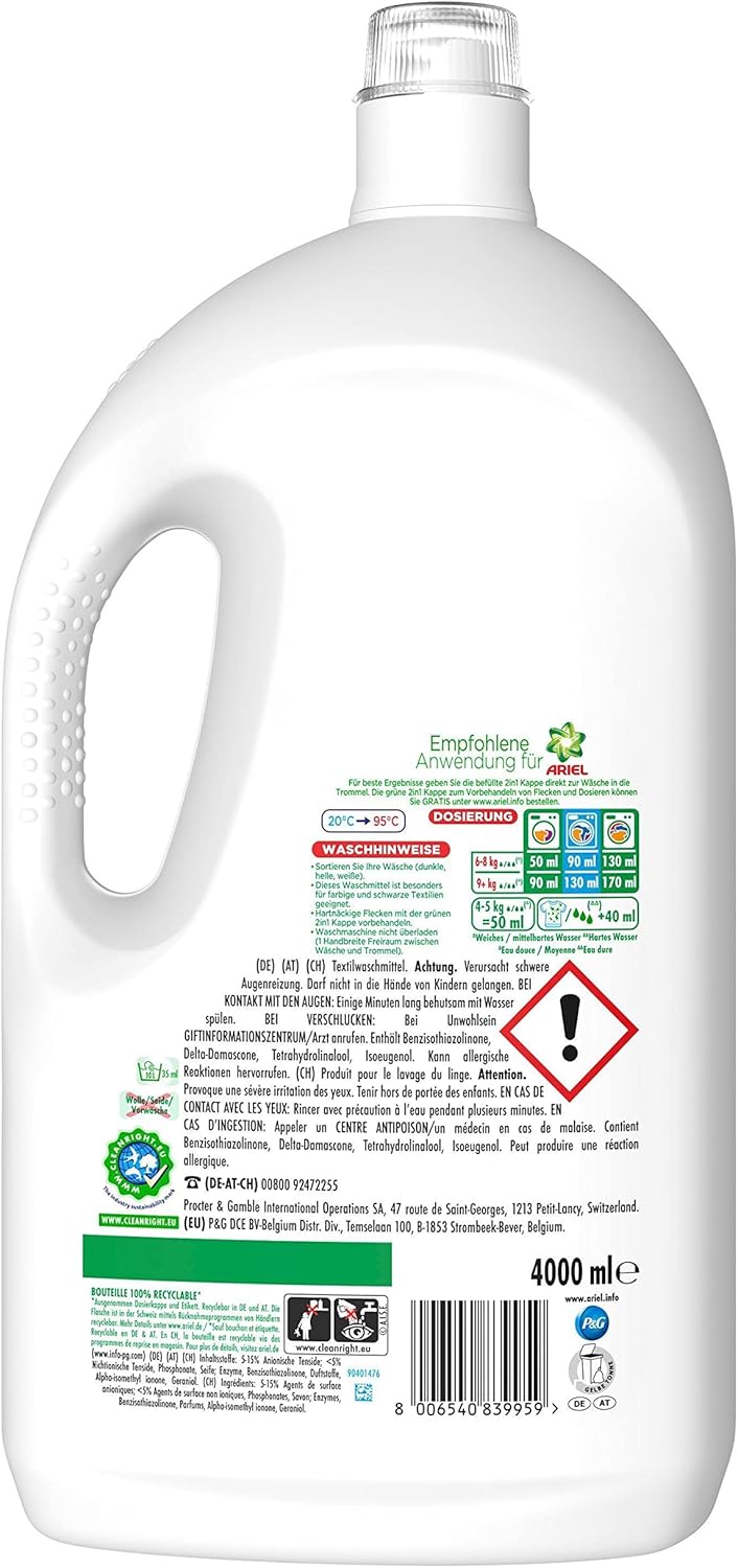 Ariel Flüssigwaschmittel, 80 Waschladungen, Farbschutz, Ausgezeichnete Fleckentfernung Beim 1. Wasch
