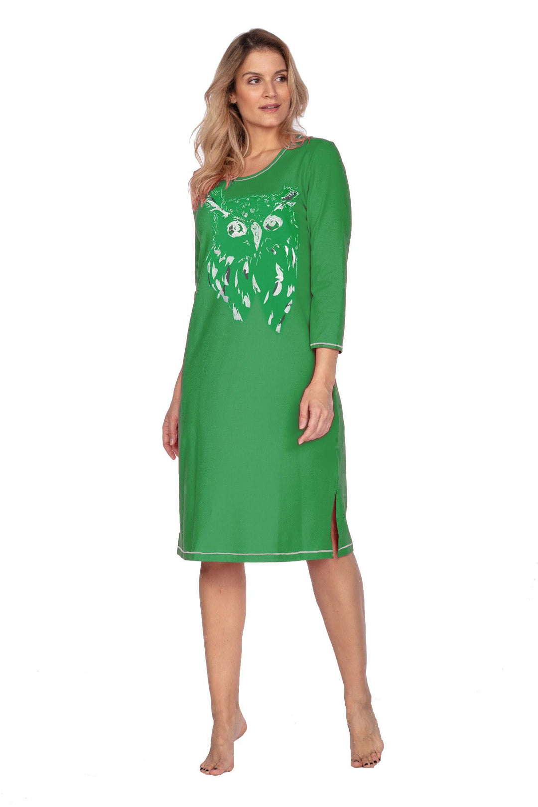 e.Femme® Damen Nachthemd Jenny 1113 aus 93% Baumwolle und 7% Elasthan, mit Eule Smaragd 44, Smaragd