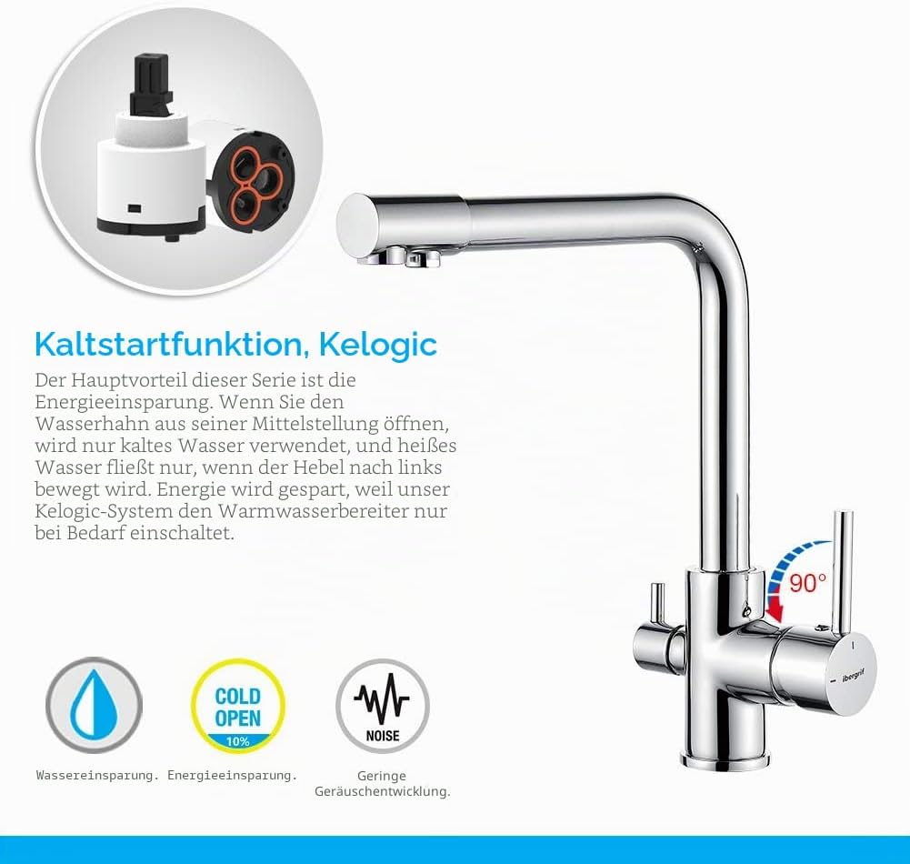 Ibergrif Küchenarmatur 3 Wege Wasserhahn mit Filter-Mischbatterie Küche 360° Drehbar, mit 3 Schlauch