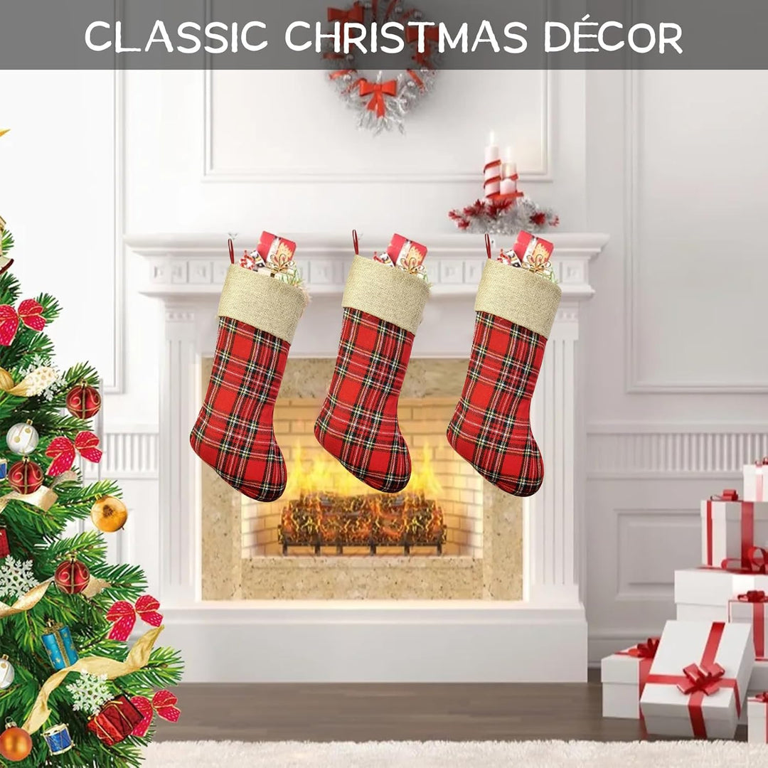2 Stück Weihnachtsstrumpf, Plaid Nikolausstrumpf 48cm gross mit Jute Cuff zum befüllen, Dekoration f