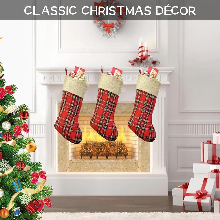 2 Stück Weihnachtsstrumpf, Plaid Nikolausstrumpf 48cm gross mit Jute Cuff zum befüllen, Dekoration f