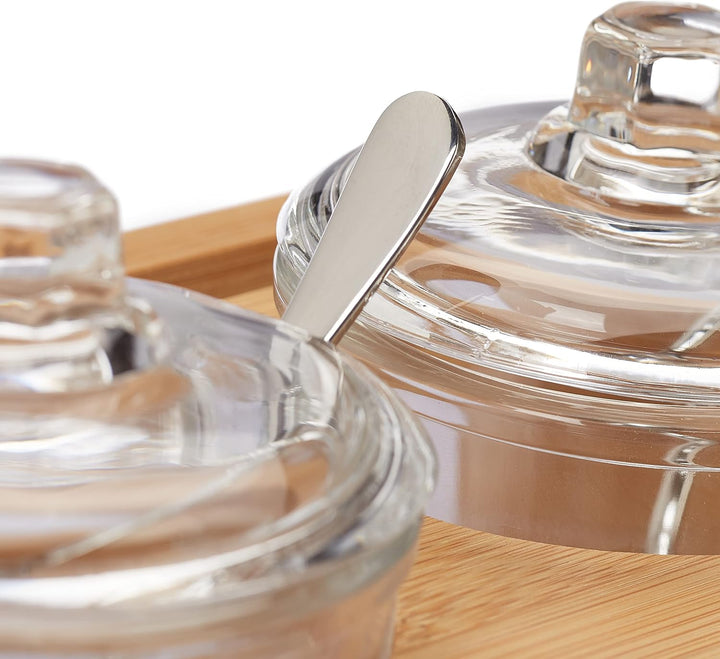 Relaxdays Gewürzgläser 3er Set, mit Bambus Halter, Glas Zuckerdose mit Löffel & Deckel, Salzbehälter