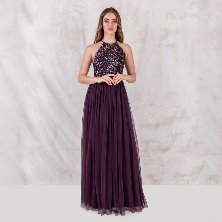 Maya Deluxe Damen Maxikleid Brautjungfer Neckholder Pailletten Verziert Abschlussball Hochzeit Dleid