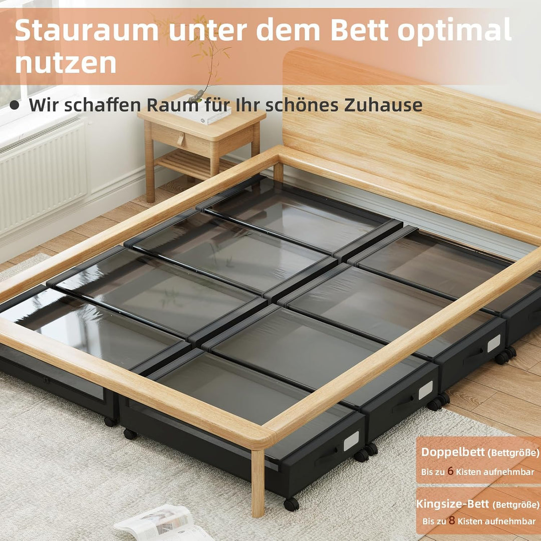 Somdot 4 Stück Schwarz 48L Unterbett Aufbewahrungsbox mit Deckel, Unterbettkommode mit Rollen, Aufbe