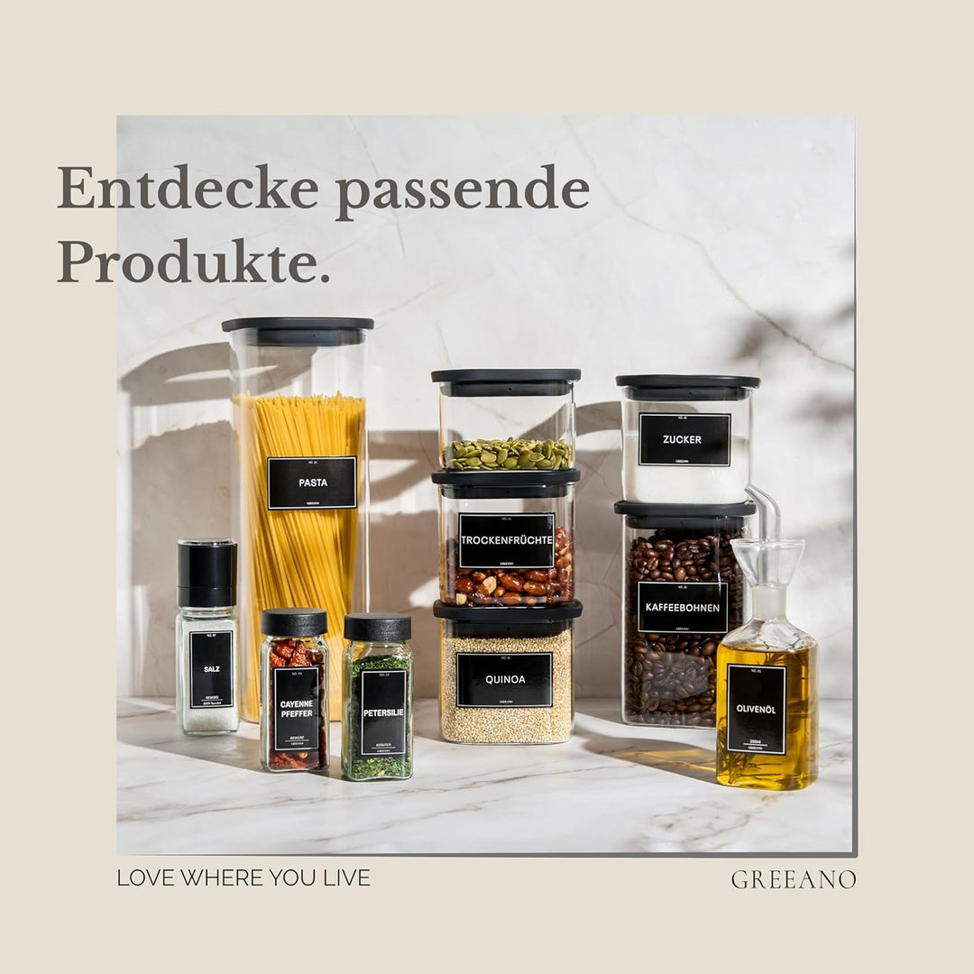 Greeano Gewürzgläser Set [24 x 120ml] mit 300 Gewürzetiketten [DE] - Gewürzgläser eckig mit Streuein
