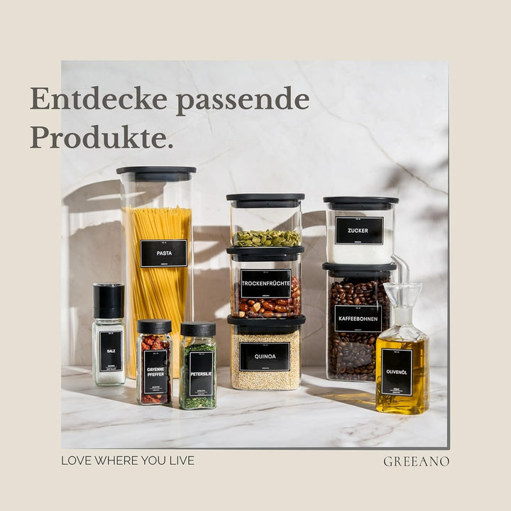 Greeano Gewürzgläser Set [24 x 120ml] mit 300 Gewürzetiketten [DE] - Gewürzgläser eckig mit Streuein