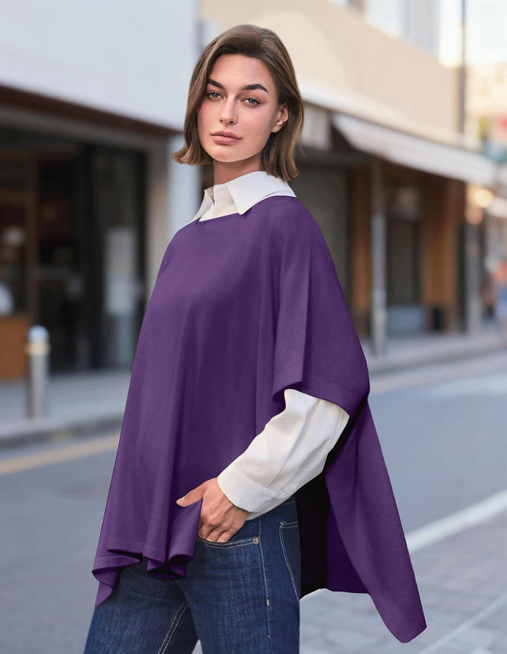 PULI Damen Pullover Poncho Elegant Viskose Strick Locker sitzend Poncho Schal Einheitsgrösse Violett