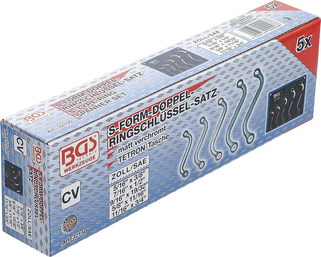 BGS 32150 | S-Form Doppel-Ringschlüssel-Satz | Zollgrössen | SW 3/8" - 3/4" | 5-tlg., Zollgrössen |