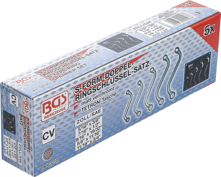 BGS 32150 | S-Form Doppel-Ringschlüssel-Satz | Zollgrössen | SW 3/8" - 3/4" | 5-tlg., Zollgrössen |