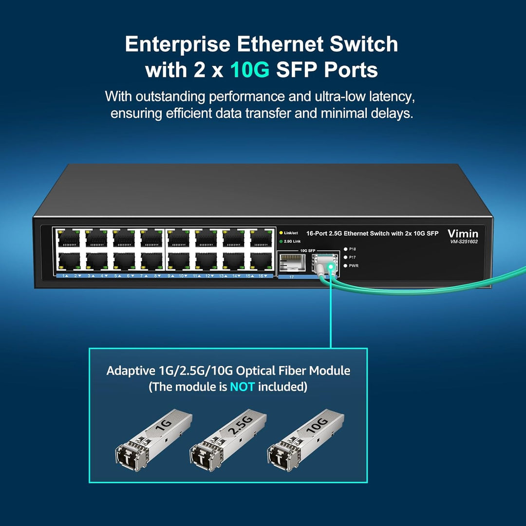 18-Port 2,5G Unmanaged Netzwerk Switch, 16x 2,5Gbase-T Ethernet Ports, 2X 10G SFP+, 120Gbps Switchin