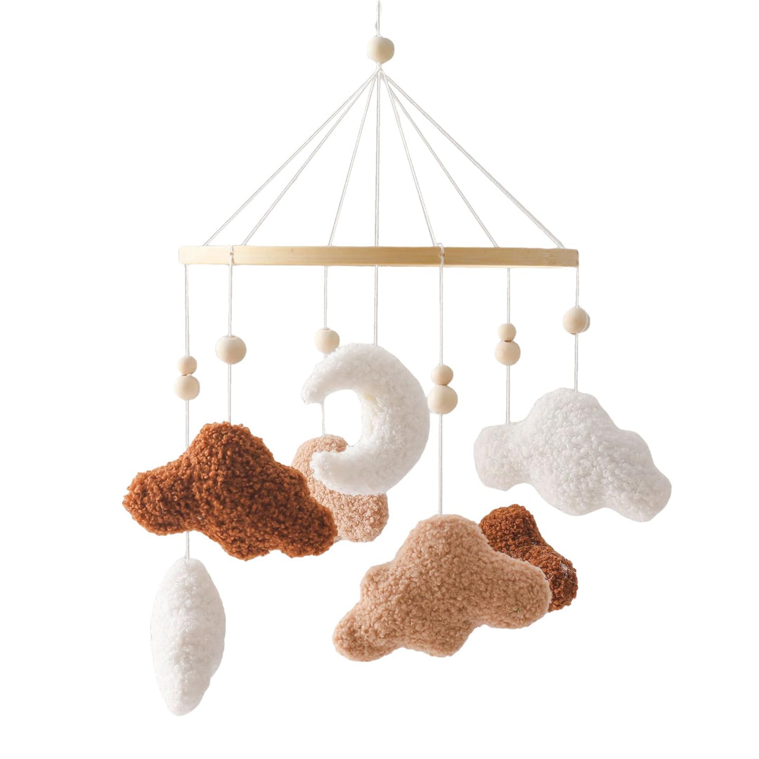 Mobile Baby Windspiele, Babybett Mobile Holz mit 3D Wolken Mond, Kinderzimmer Hängende Bettglocke, N