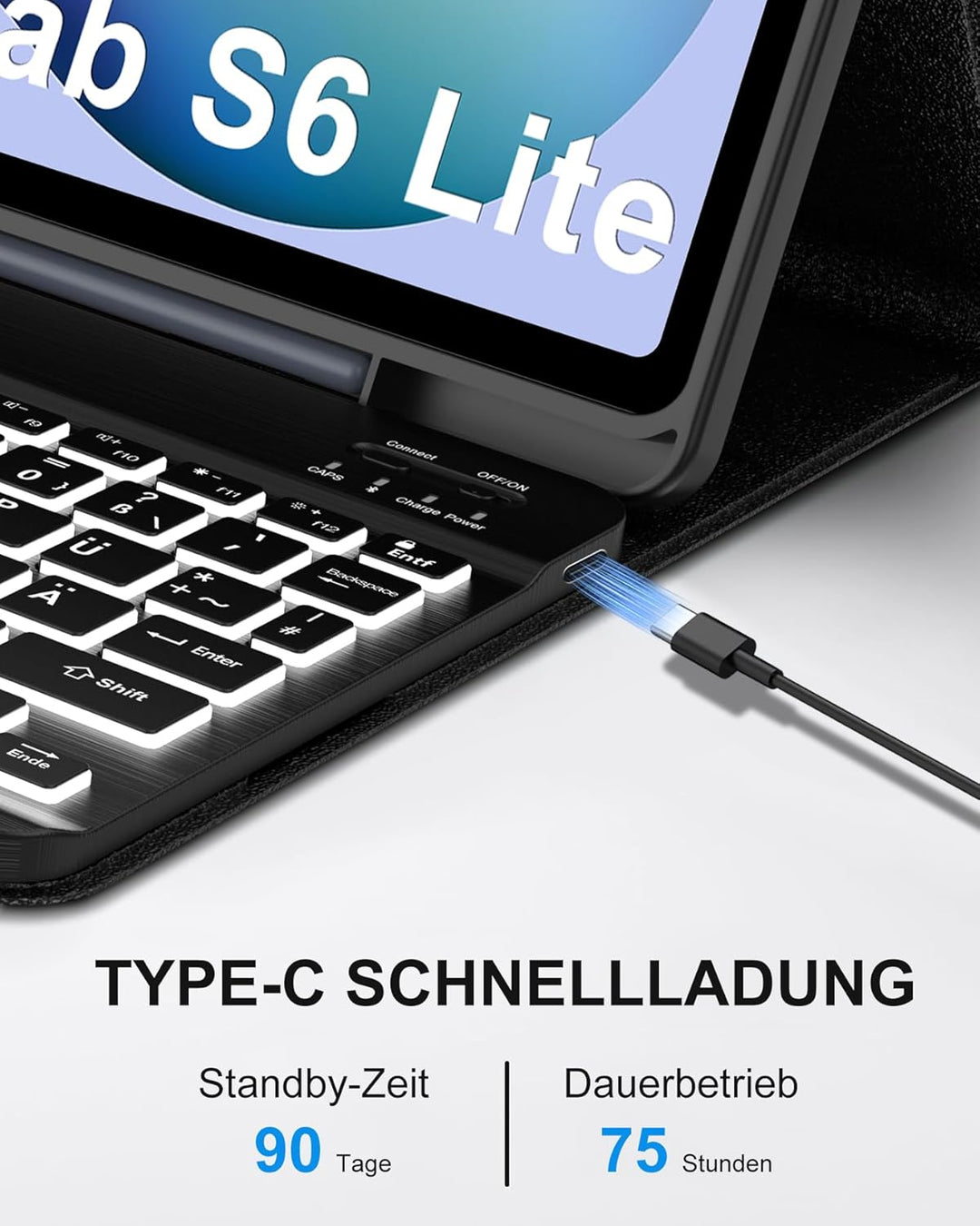 Hülle mit 7-Farben Beleuchteter Deutscher Tastatur für Samsung Galaxy Tab S6 Lite (2020/2022/2024) 1