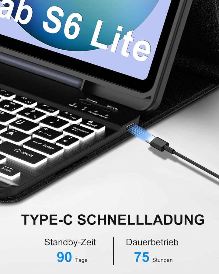 Hülle mit 7-Farben Beleuchteter Deutscher Tastatur für Samsung Galaxy Tab S6 Lite (2020/2022/2024) 1